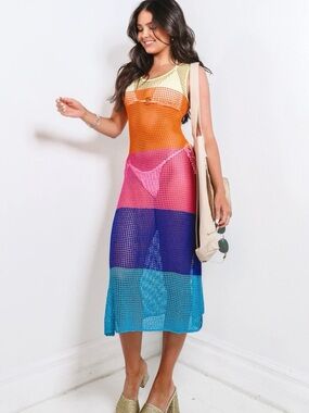 Rainbow Colorful Beach Knitted Cover Up By FATE Sz S